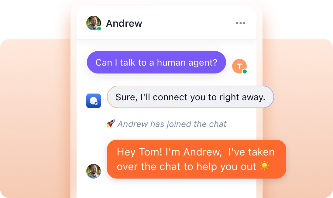 Human handoff Quidget AI agent learns from your website, FAQs and files to handle most common requests and escalates to human when needed.