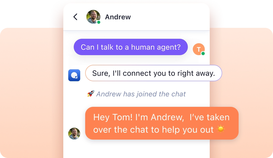 Quidget AI agent learns from your website, FAQs and files to handle most common requests and escalates to human when needed.