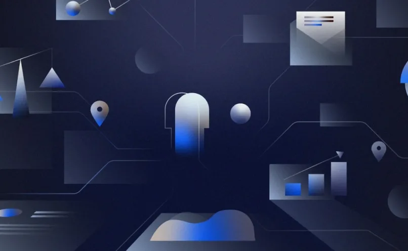 A blue background featuring diverse icons and graphs representing AI's impact on business productivity.