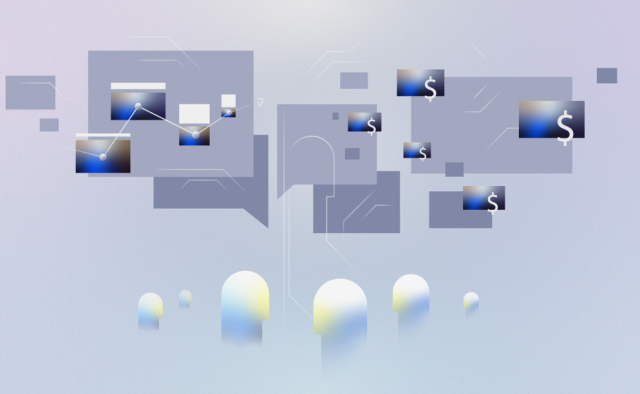 Abstract blue and white image featuring an arrangement of squares, symbolizing innovation in AI for customer service.