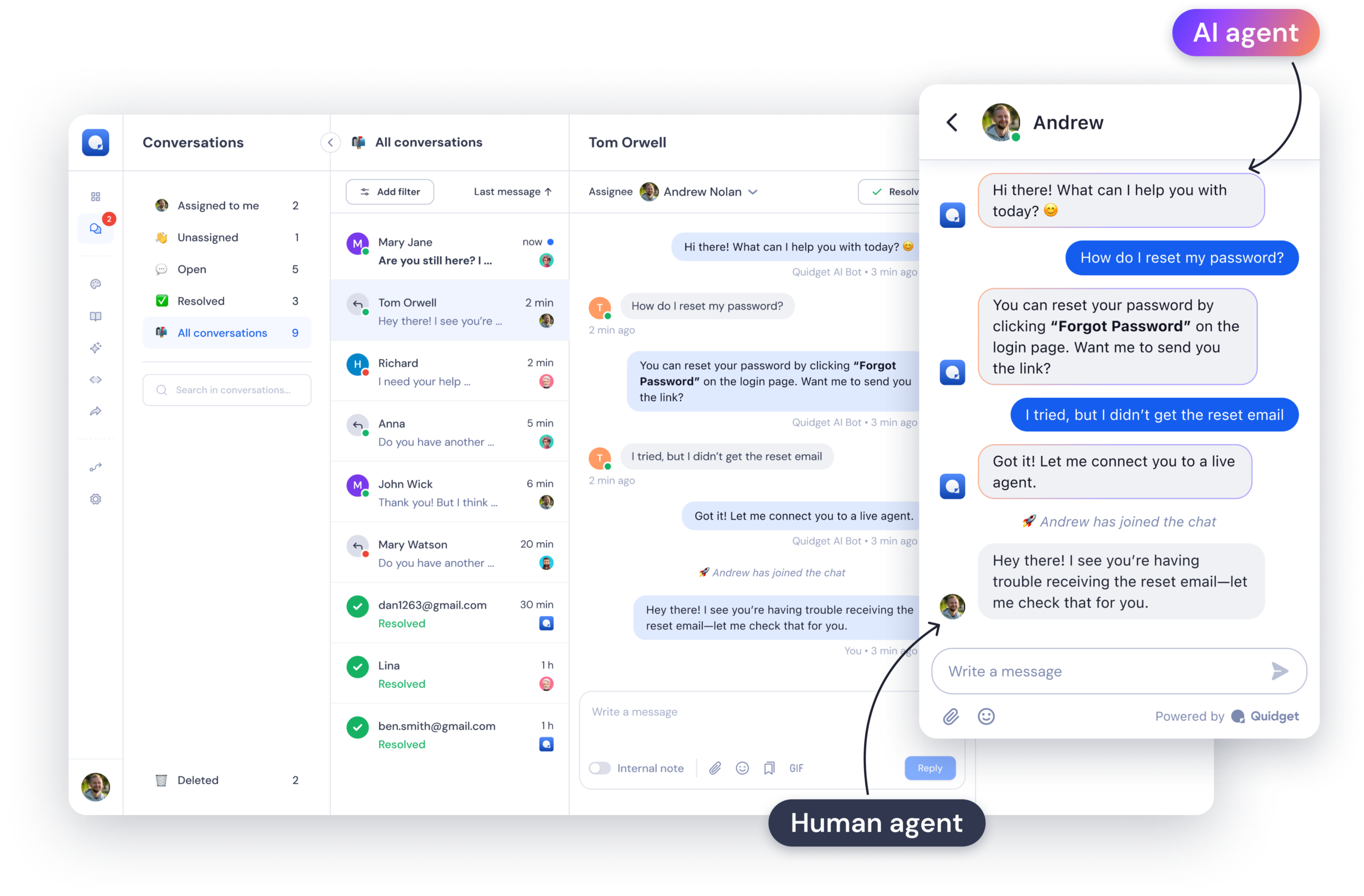 Quidget Live Chat handles common questions automatically—your team jumps in when needed to close deals and keep customers happy.